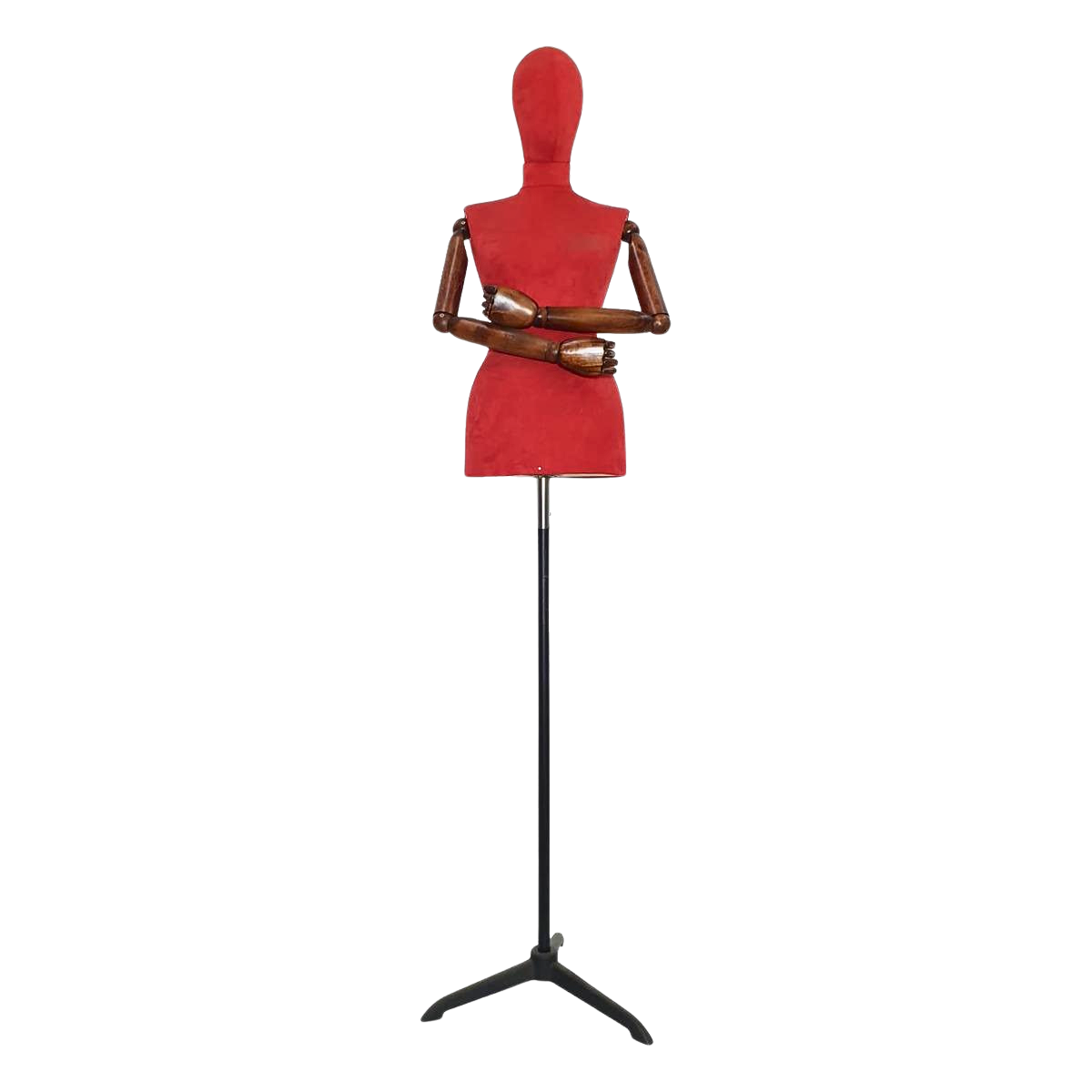 Women’s Plastic Tailor Mannequin with Fabric-Covered Head, Wooden Arms, and Star Base with Casting Legs