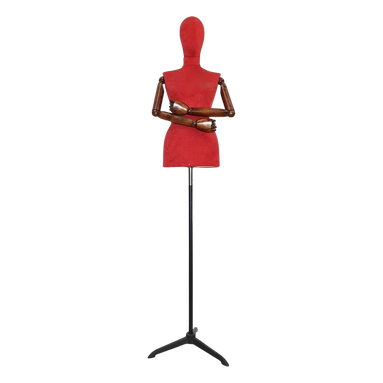 Women’s Plastic Tailor Mannequin with Fabric-Covered Head, Wooden Arms, and Star Base with Casting Legs