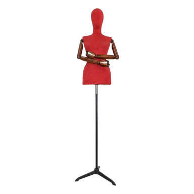 Women’s Plastic Tailor Mannequin with Fabric-Covered Head, Wooden Arms, and Star Base with Casting Legs