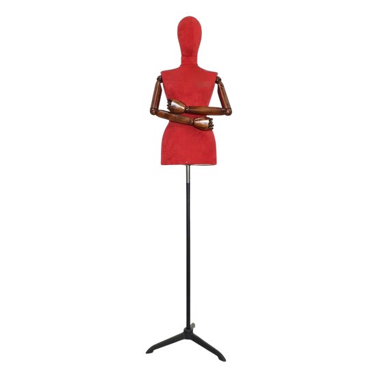 Women’s Plastic Tailor Mannequin with Fabric-Covered Head, Wooden Arms, and Star Base with Casting Legs