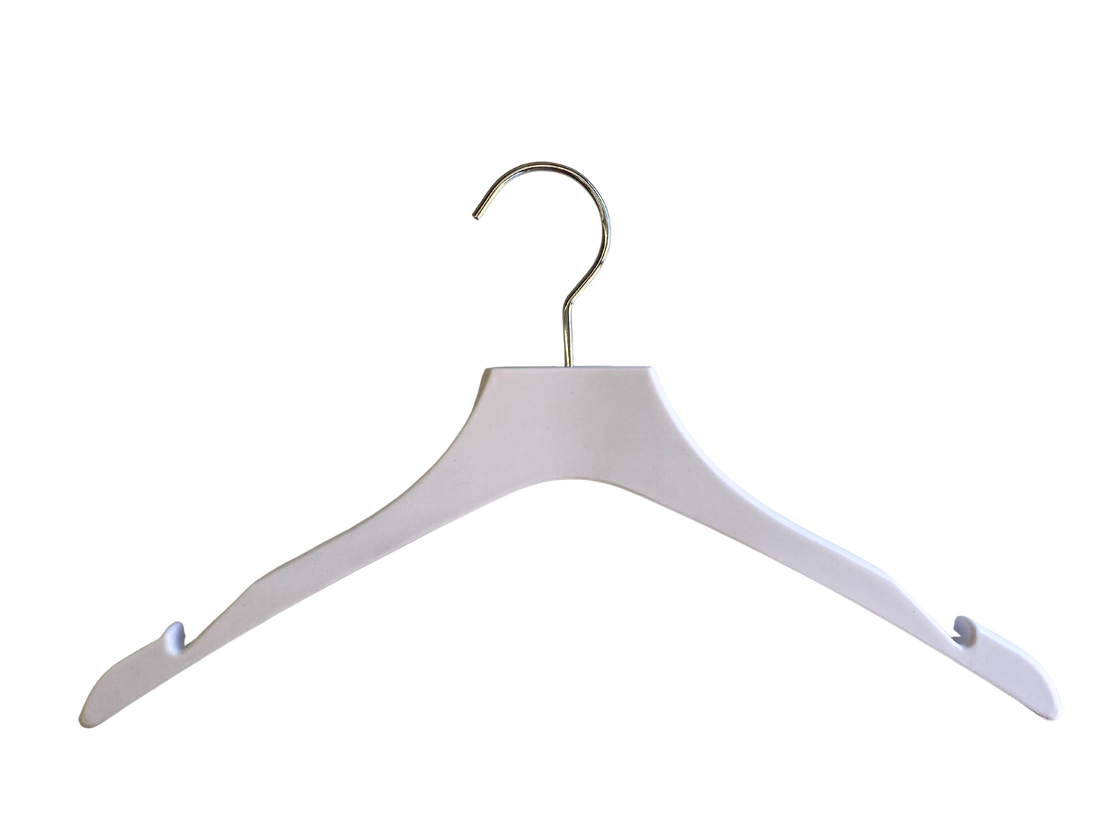 White Rubberized Wooden Top Hangers with Chrome Swivel Hook & Notches