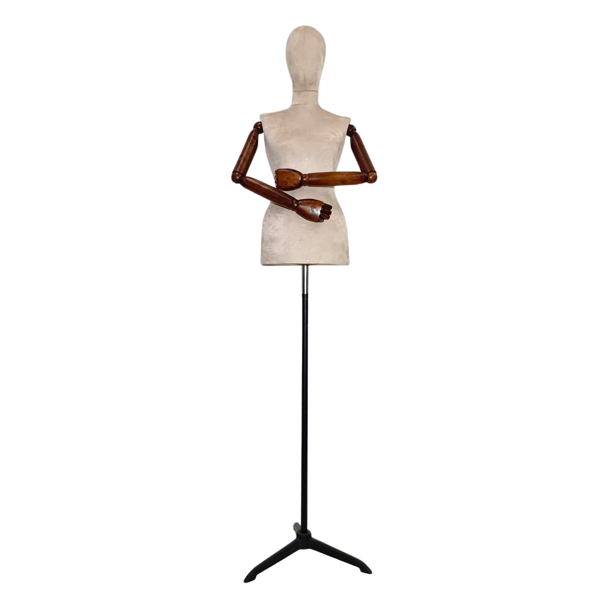 Women’s Plastic Tailor Mannequin with Fabric-Covered Head, Wooden Arms, and Star Base with Casting Legs