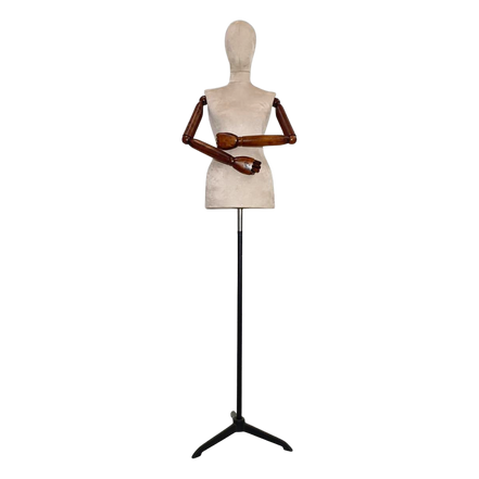 Women’s Plastic Tailor Mannequin with Fabric-Covered Head, Wooden Arms, and Star Base with Casting Legs