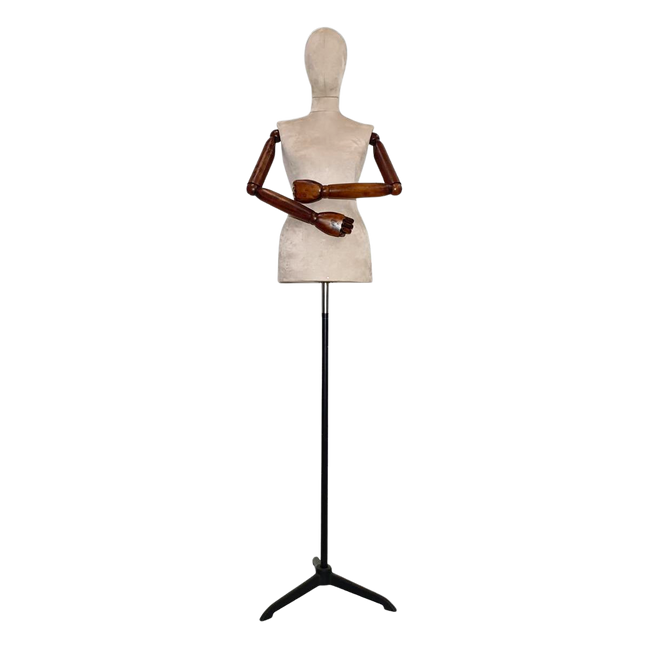 Women’s Plastic Tailor Mannequin with Fabric-Covered Head, Wooden Arms, and Star Base with Casting Legs