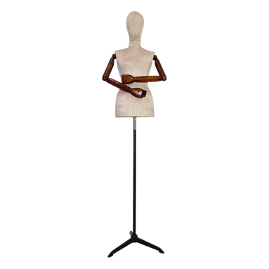 Women’s Plastic Tailor Mannequin with Fabric-Covered Head, Wooden Arms, and Star Base with Casting Legs