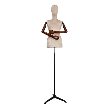 Women’s Plastic Tailor Mannequin with Fabric-Covered Head, Wooden Arms, and Star Base with Casting Legs