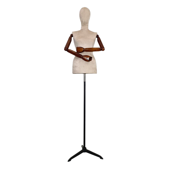 Women’s Plastic Tailor Mannequin with Fabric-Covered Head, Wooden Arms, and Star Base with Casting Legs